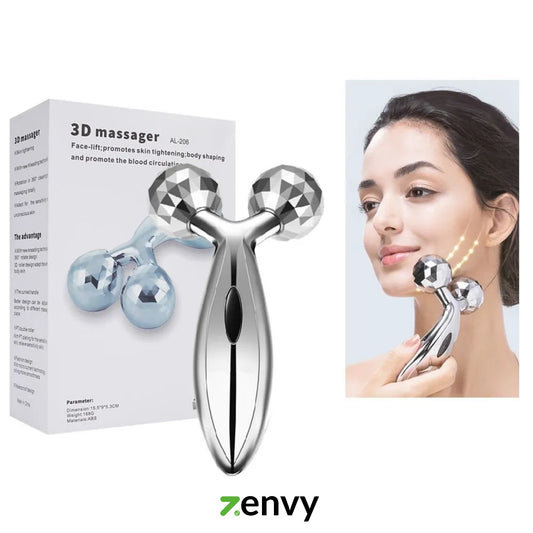 3D massager with packaging and a woman using it on her face, featuring the brand 'Zenvy'.