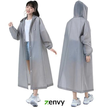 Gray raincoat displayed on a person with a white background