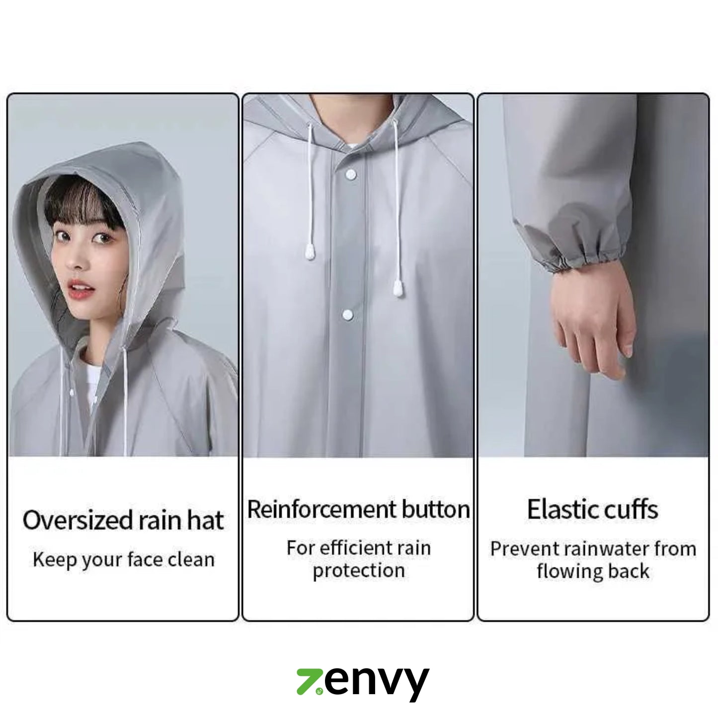 Raincoat features with a person wearing it, labeled 'Oversized rain hat', 'Reinforcement button', and 'Elastic cuffs'.