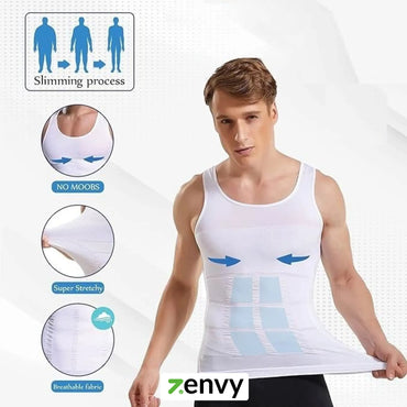 Man wearing a white compression tank top with Zenvy, surrounded by icons and text about slimming process.
