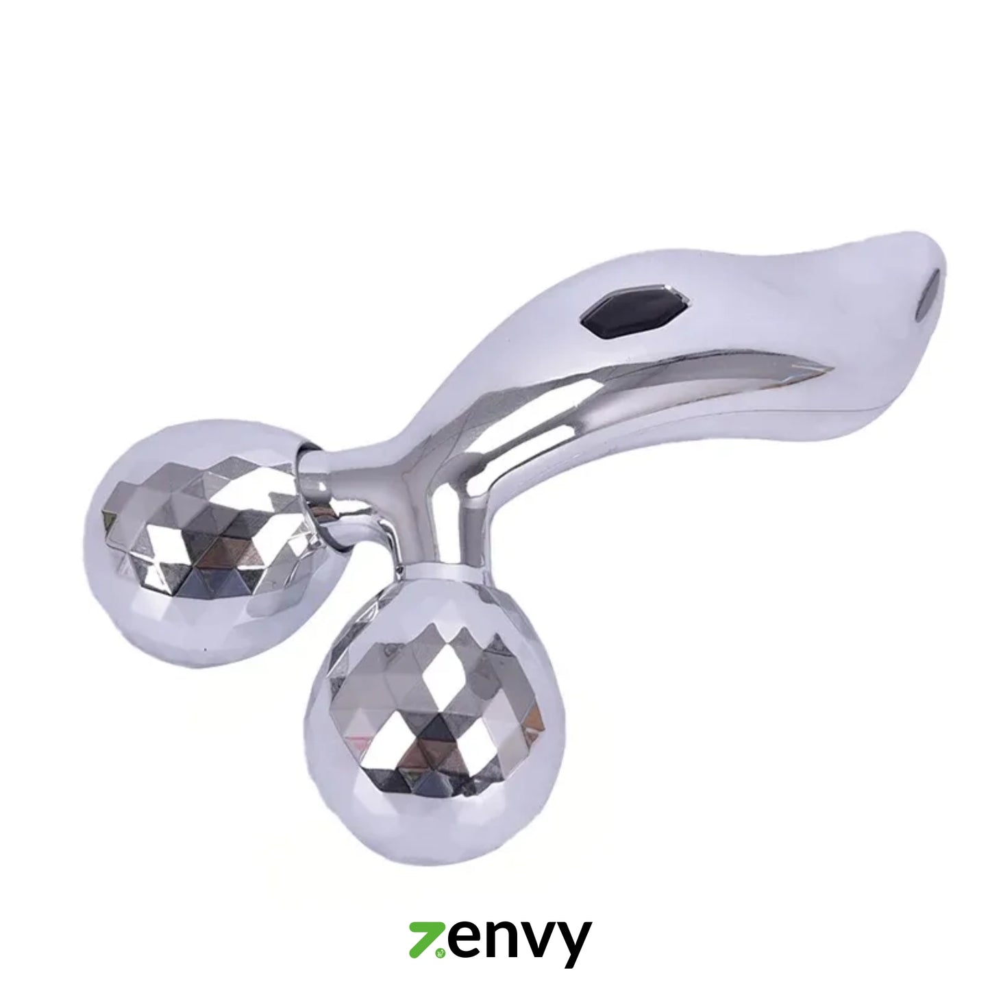 Silver handheld massager with two spherical ends on a white background, featuring the brand 'Zenvy'.