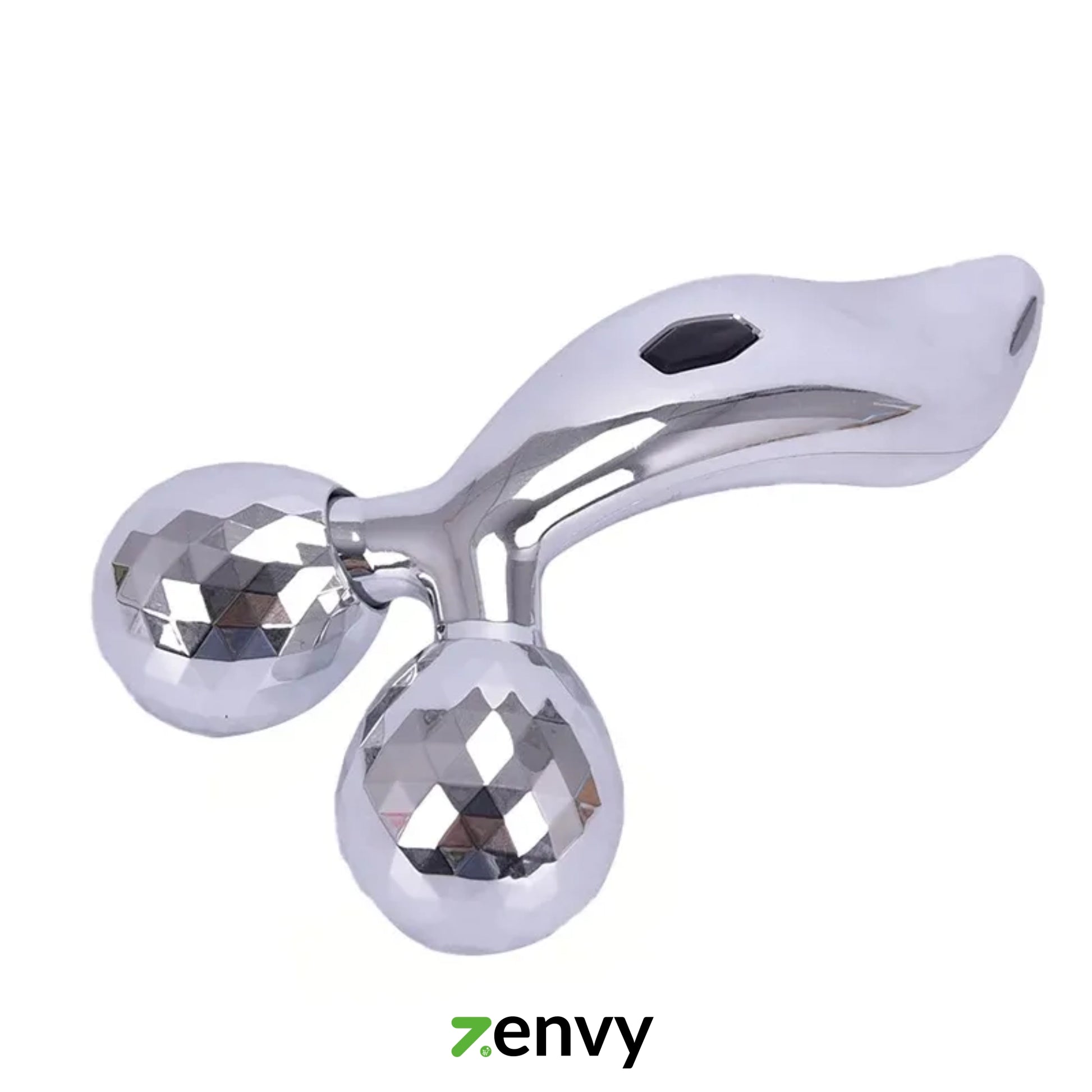Silver handheld massager with two spherical ends on a white background, featuring the brand 'Zenvy'.
