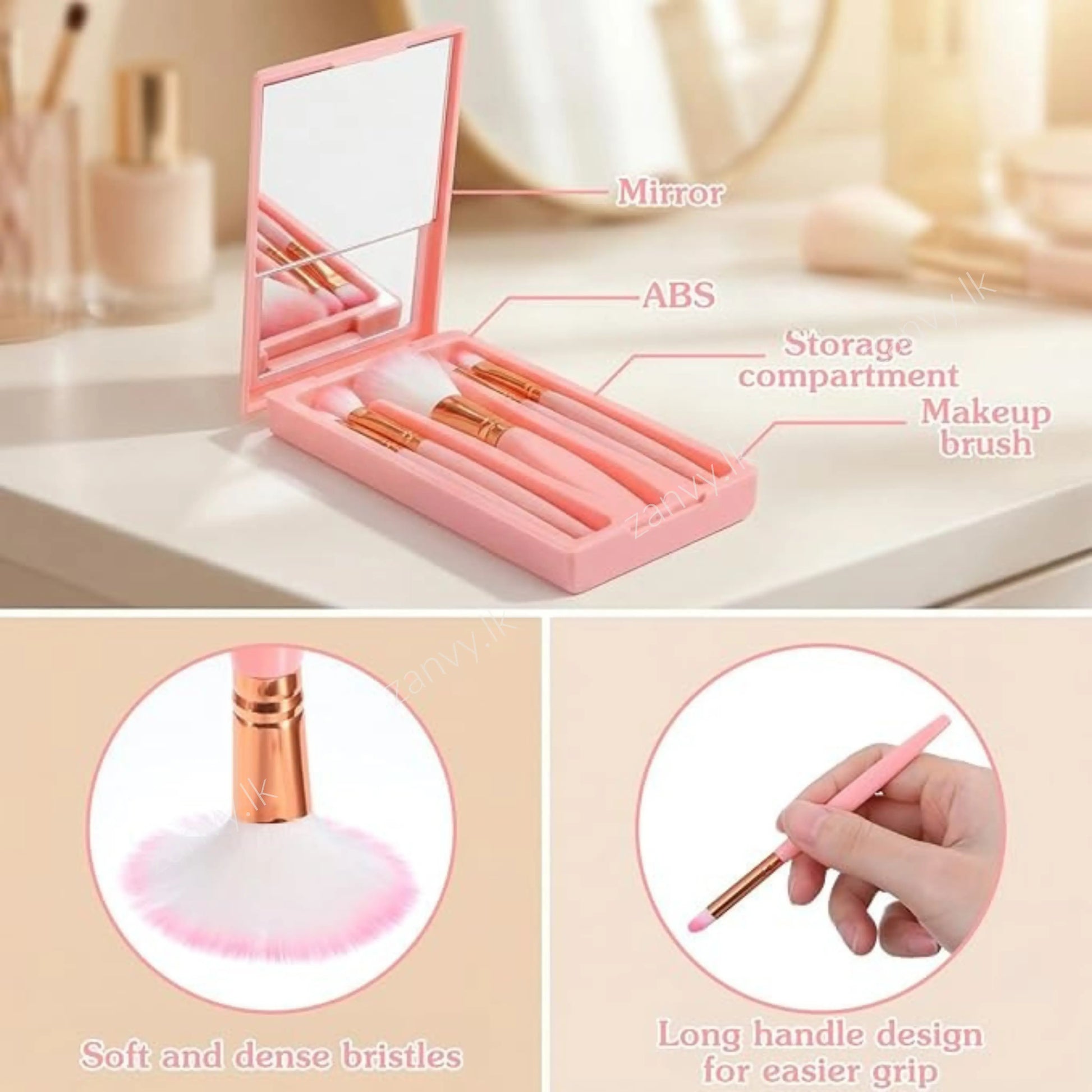 5 PCs Travel Makeup Brush with Mirror Set online in Sri Lanka