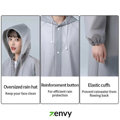 Raincoat features with a person wearing it, labeled 'Oversized rain hat', 'Reinforcement button', and 'Elastic cuffs'.
