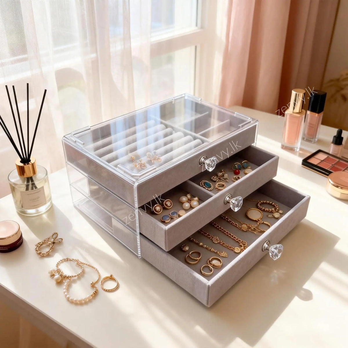 Buy Velvet Jewelry Organizer with 3 Drawers Sri Lanka | Zenvy.lk