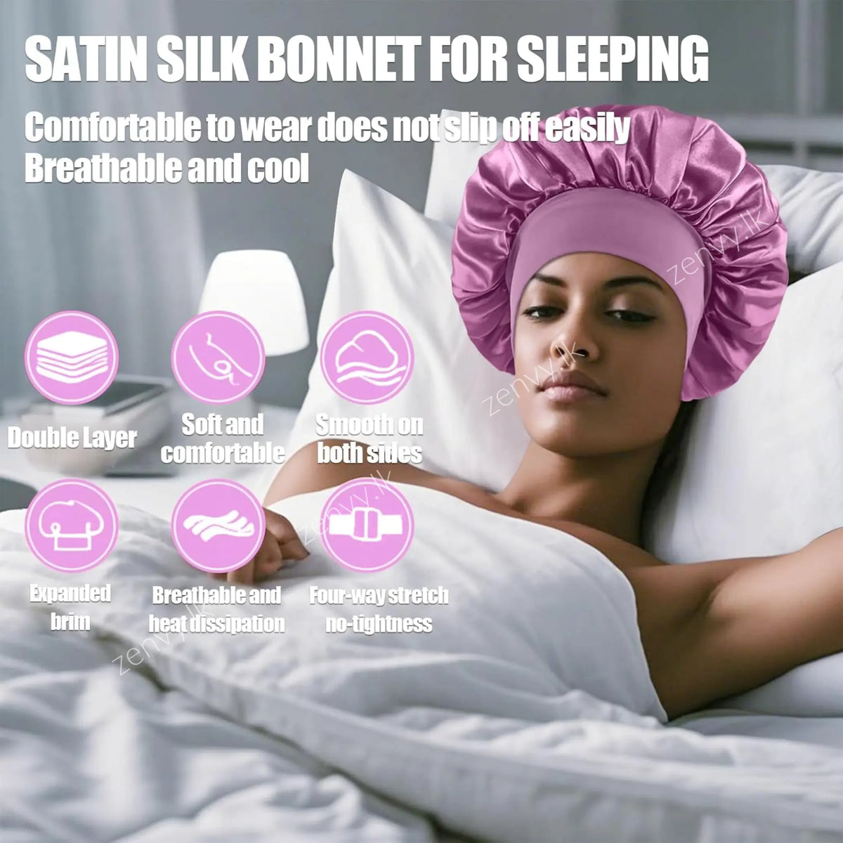 Silk Satin Bonnet with Wide Elastic Band for Sleeping – Hair Wrap Cap for Women